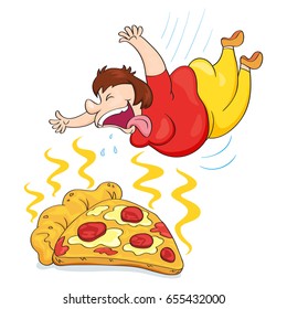 Fat woman jumping into slice of pizza, vector illustration cartoon