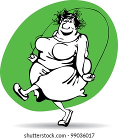 Fat Woman Jumping With Joy On The Rope.