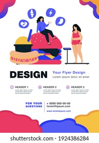 Fat woman keeping unhealthy diet, eating junk food, having high cholesterol and health problem. Vector illustration for fitness, obese people diseases, overweight concept.