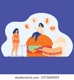 fat woman keeping unhealthy diet eating junk food having high cholesterol health problemvector design illustration