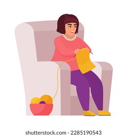 Fat woman knitting in armchair. Obese female sitting in armchair vector cartoon illustration