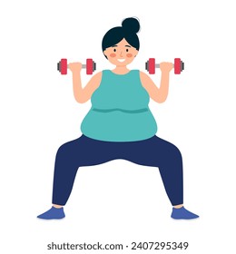 Fat woman lifting dumbbells. Obesity female doing exercise.