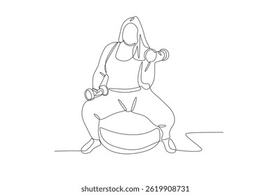 Fat woman lifting dumbbells on yoga balloon. Overweight woman fitness concept one-line drawing