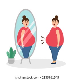 Fat woman looking herself in the mirror in flat design on white background. Big belly female.