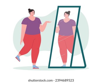 A fat woman looking in the mirror with a sad face, dieting to lose weight for a healthier life. Character design. Vector flat illustration