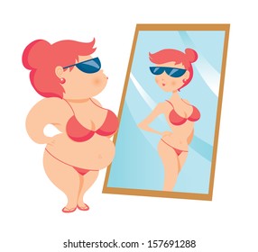 Fat woman looking in mirror and seeing herself as slim and younger. 