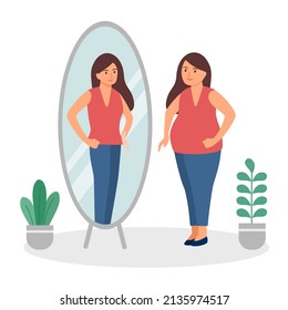 Fat woman looking in the mirror and seeing herself slim and skinny shape in flat design on white background. Self confidence or self esteem.