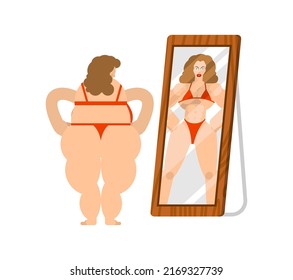 Fat woman looks in mirror and sports reflection in mirror.
