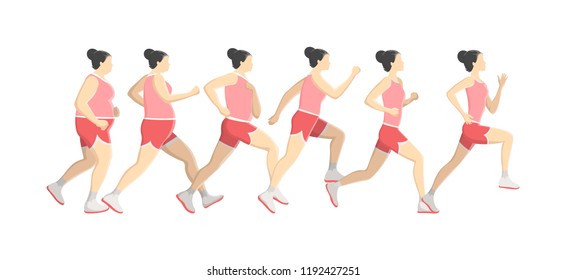 La mujer gorda pierde peso mientras corre o trota. Hacerse delgado haciendo ejercicio deportivo. Un estilo de vida sano y activo. Ilustración vectorial plana aislada