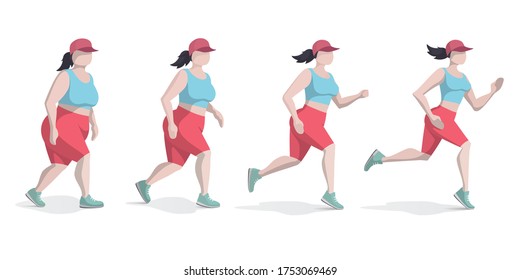 Fat woman lose weight while running or jogging. Running girl is loosing weight. Woman Body Transformation Concept. Isolated flat vector illustration