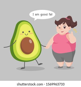 Fat woman love avocado good fat Ketogenic Diet weight loss Healthcare concept cartoon.