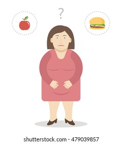 Fat woman makes a choice between an apple and a cheeseburger. Weight loss and healthy food concept. Vector illustration flat design