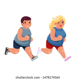 Fat woman man cardio running treadmill simulator fitness gym run exercise training lose weight flat concept design vector illustration