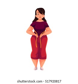 Fat woman measuring herself with a tape and feeling sad with results, cartoon vector illustration isolated on white background. Overweight woman measuring her weight, failed weight loss attempt