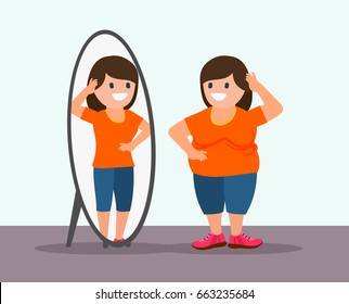 Fat woman and mirror. Fat woman sees her reflection differently in the mirror. Overweight loss concept. Isolated. Vector.