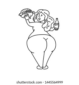 Fat woman with obesity. Doodle cartoon illustration in one line. A young girl looks at her fat buttocks. Problems with obesity due to excess weight. Illustration on white background.