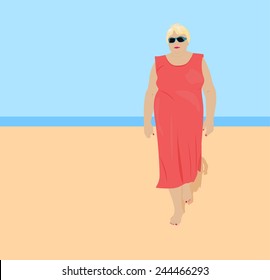 Fat woman on the beach barefoot, wearing sunglasses and a red dress, vector illustration