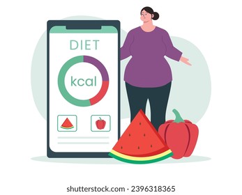 Fat woman is on a diet using an application on her smartphone, eating fruit and vegetables. Character design. Vector flat illustration