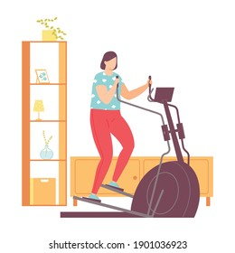 Fat woman on elliptical trainer doing cardio exercises at home. Weight loss. Healthy lifestyle. Vector illustration in hand drawn flat style