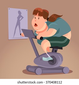fat woman on exercise bike, fitness, cartoon illustration, character, vector illustration