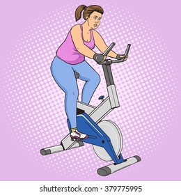 Fat woman on exercise bike pop art style vector illustration. Losing weight. Sport illustration. Comic book style imitation. Vintage retro style. Conceptual illustration