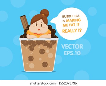 Fat woman on a glass of bubble tea illustration vector. 