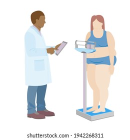
fat woman on scale. male black doctor. weigh patient. obesity and diabetes persone. modern mechanical scales. stock vector illustration isolated on white background.