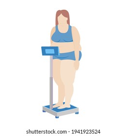 fat woman on the scales. electronic floor scales. obese female patient. stock vector illustration isolated on white background.