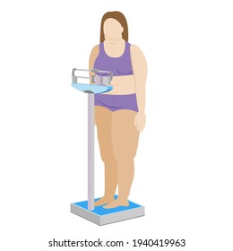 fat woman on the scales. mechanical floor scales. obese patient. stock vector illustration isolated on white background.