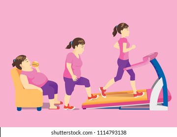 Fat woman on sofa change her body with rise up for exercise with treadmill workout. Concept illustration about fast lose weight.