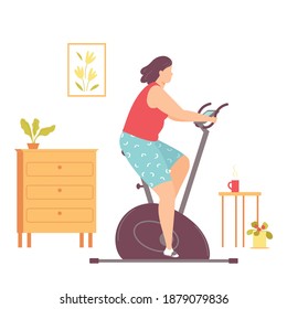 Fat woman on a stationary bike doing cardio exercise at home. Weight loss. Healthy lifestyle. Vector illustration in hand drawn flat style