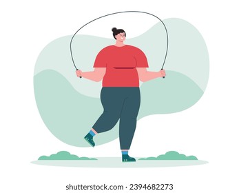 Fat woman in the park jumping rope, dieting by starting a routine exercise. Keeping your body fit and healthy. Character design. Vector flat illustration