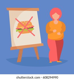 Fat woman and picture of hamburger. Isolated art on white background. Vector Cartoon. Flat. Easel