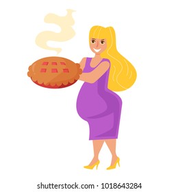 Fat woman with pie. Vector. Cartoon. Isolated art on white background. Flat