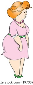 Fat woman in a pink dress. Vector illustration.