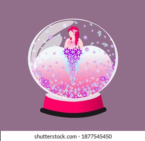 A fat woman with pink hair in a long dress with a bouquet of flowers in her hands. Insulated in a glass ball. Purple background, happy life concept, psychological health, personal boundaries.