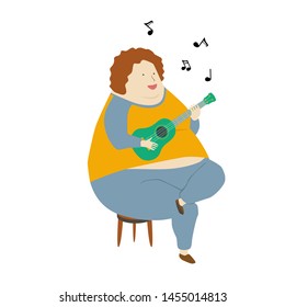 fat woman playing ukulele and singing.