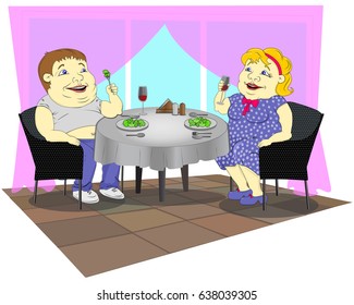 A fat woman in a polka-dot dress and a fat man in jeans are sitting in a restaurant, eating broccoli and drinking red wine.