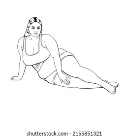 Fat woman is posing sitting with legs stretched out. Images are suitable for use for health product mockups