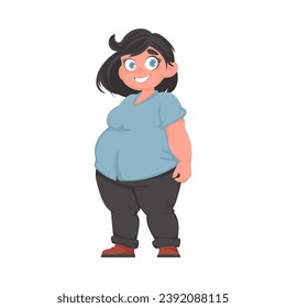 Mujer gorda posando y sonriendo. Niña con sobrepeso, tema de positividad corporal. Estilo de la caricatura