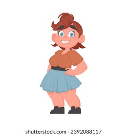 Mujer gorda posando y sonriendo. Niña con sobrepeso, tema de positividad corporal. Estilo de la caricatura