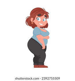 Mujer gorda posando y sonriendo. Niña con sobrepeso, tema de positividad corporal. Estilo de la caricatura