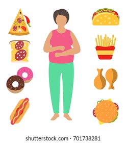 Fat Woman. Problem with Excess Weight Due to Wrong Diet. Fast Food Obesity - Illustration Vector