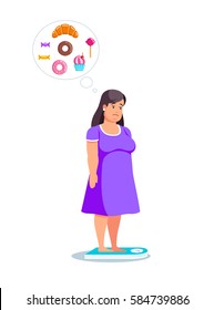 Fat woman in a purple dress looking at the floor scales. You need to follow a proper diet. Woman upset. Vector graphics