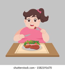 Fat woman ready to eat foods, salad,sausage, steak, vegetable weight loss Healthcare concept cartoon.