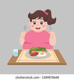 Fat woman ready to eat foods, salad, sausage, vegetable weight loss Healthcare concept cartoon.