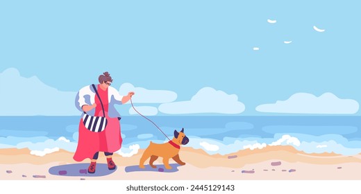 Fat woman in red with a bulldog are walking on the seashore. Beach scene on sea vacation resort. Summer holidays.Ocean coast. Maldives Relax, Rest and Recreation. Flat vector illustration