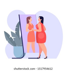 Fat woman in red dress looking at the mirror. Thin figure in reflection. Idea of diet and weight loss. Healthy lifestyle. Isolated vector cartoon illustration