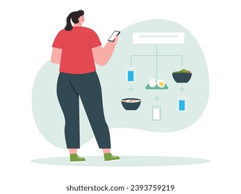 A fat woman in a red shirt is planning a healthy food menu for a diet. With milk, boiled eggs, water and salad. Character design. Vector flat illustration