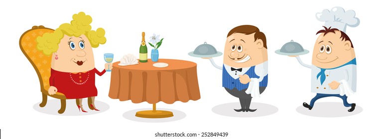 Fat Woman In Red Sitting Behind Restaurant Table While Waiter And Cook Giving Her Closed Trays, Funny Cartoon Illustration. Vector